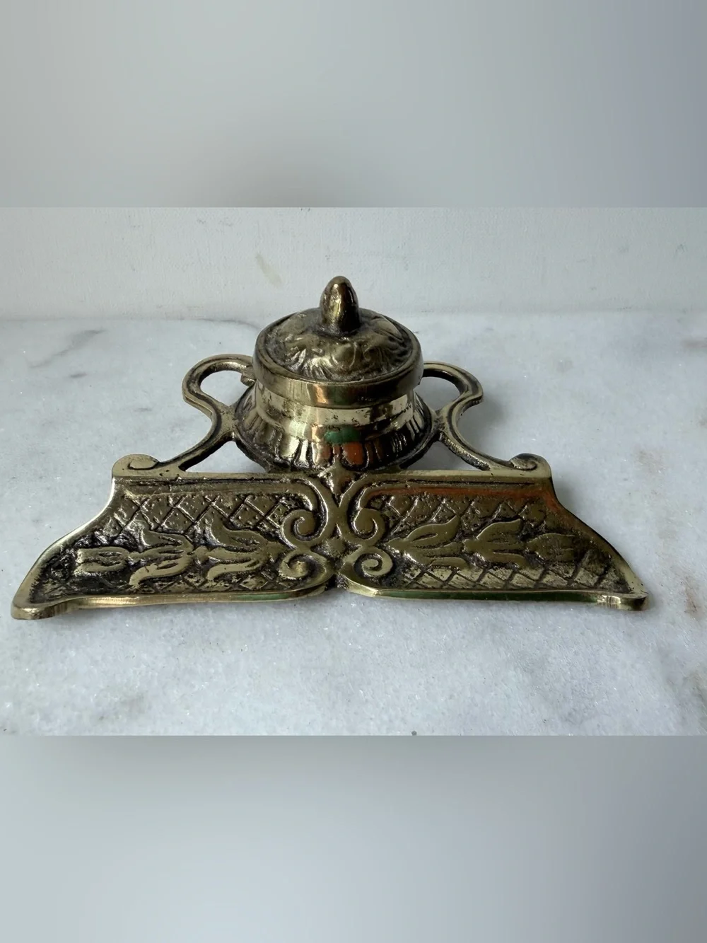 Brass Ink Well and Pen Rest - Antique-Style Brass Finish